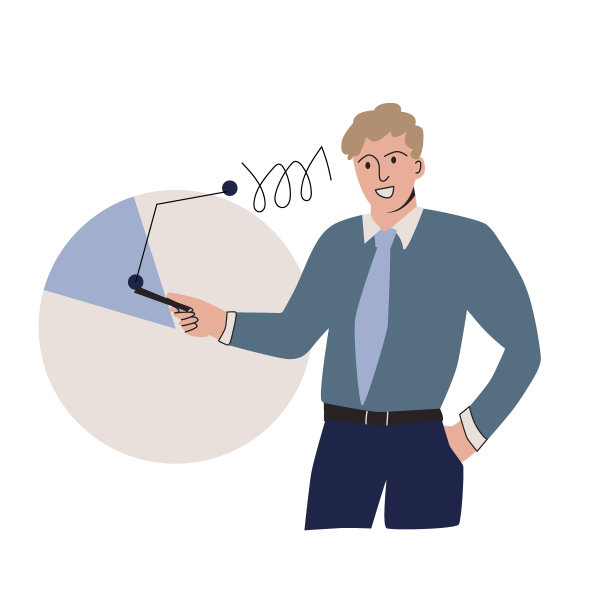 创新的经营理念。一个自信的年轻人站在挂图旁边，指着图表和图表。图片下载