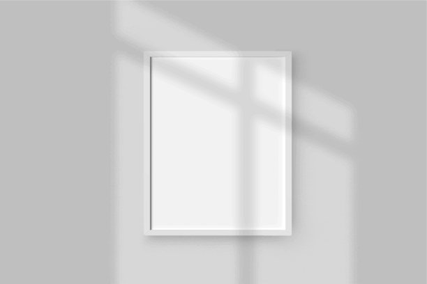 照片相框在白色墙壁上孤立的背景。矢量白色模型或空海报。空相框模型的图片或摄影作品集展示，现实的3D空白模板。图片下载