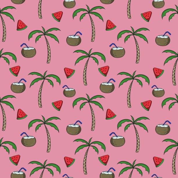 精致的热带印花，高大的椰子树和一片西瓜，无缝的方形图案图片下载