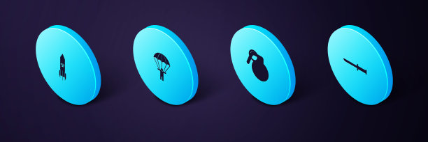 设置等距军用刀，手榴弹，降落伞和生物危害火箭的图标。向量图片下载