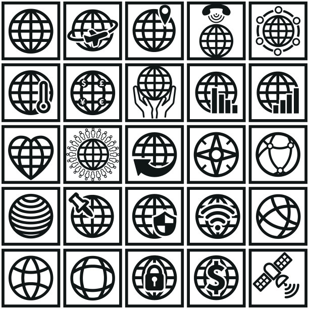 全球广场平面设计黑白图标设置股票插图图片下载