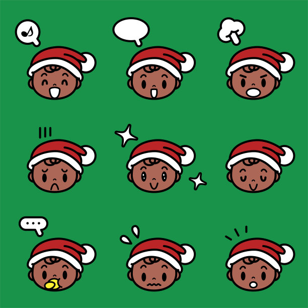 可爱的圣诞节图标集：戴着圣诞帽的男女宝宝，九种彩色粉色调的面部表情图片下载