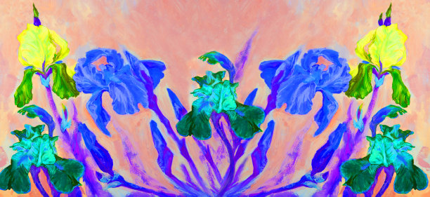 时尚的插图寓言春天的油画印象派水平的景观开花的灌木丛的黄色和蓝色的鸢尾花在绿色的植物叶的背景下，在一个花园被太阳照亮的温和的春天天空在粉红色图片下载