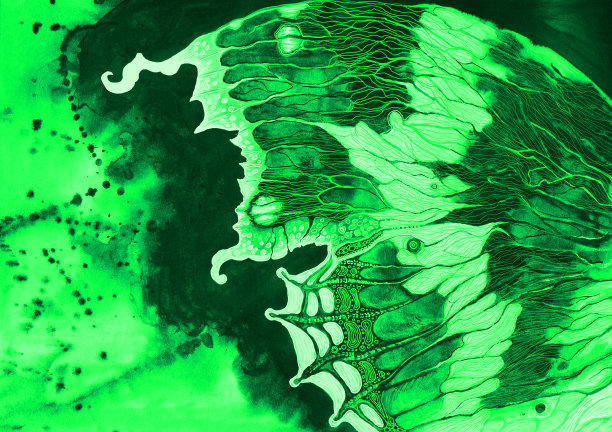 时尚的夏季插画寓意夏季现代艺术原始水彩画蝴蝶飞与明亮的装饰翅膀的背景下的蓝色天空从当前的水彩画在绿色的颜色图片下载