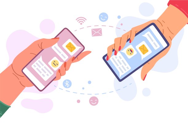 电话留言交流。手握手机的人写短信发送表情符号，远程互联网信使对话，在线消息给朋友矢量卡通概念插图图片下载