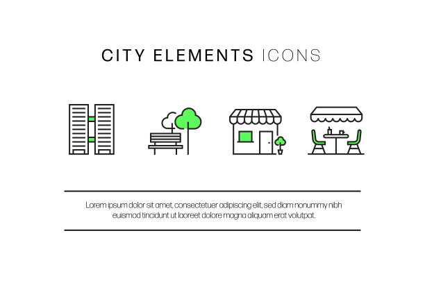 城市生活相关的平线图标。向量符号说明。图片下载