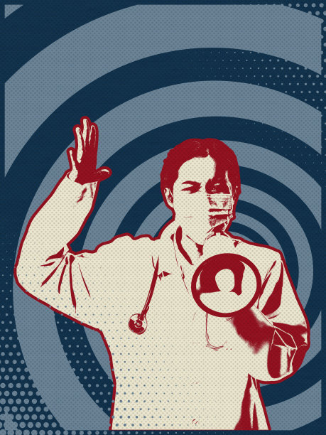 当代艺术拼贴。复古复古风格的海报，年轻的医生戴着面膜在抽象的背景上。医学、帮助、治疗的概念图片下载