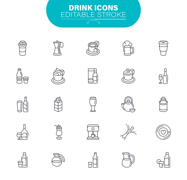 喝行图标。可编辑的中风。包含这样的图标酒精，咖啡，葡萄酒，香槟，啤酒，图片下载