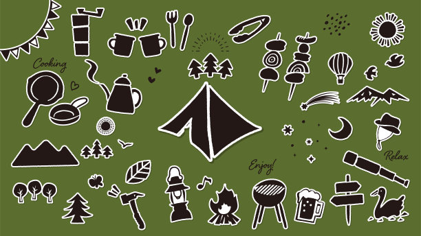 矢量图标插图集露营商品，户外设备和休闲。简单单色贴纸图片下载