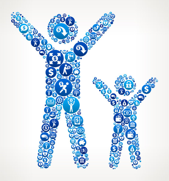 快乐的成人和儿童金钱蓝色图标模式背景图片下载