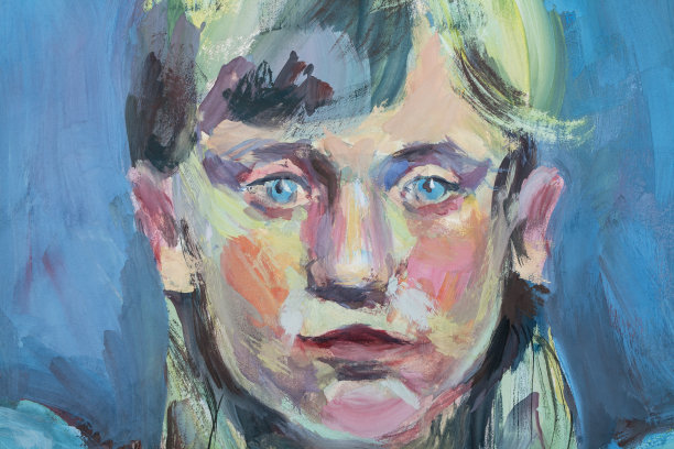 时尚的插图寓言现代艺术印象派油画水平肖像脸看着一个金发长发和明亮的蓝色眼睛的小女孩在明亮的蓝色天空的背景图片下载