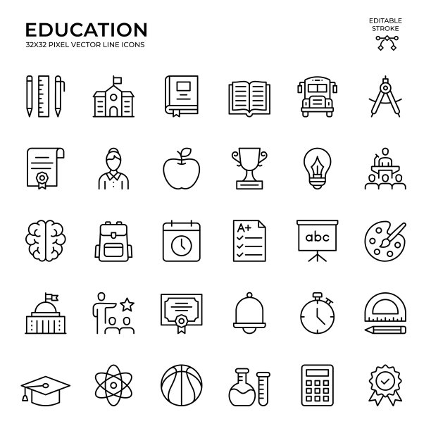 可编辑的笔画矢量图标集的教育图片下载