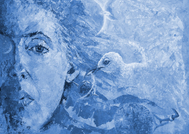 插图油画肖像的妇女与飞行的鸟海鸥对宇宙和星球的背景在蓝色图片下载