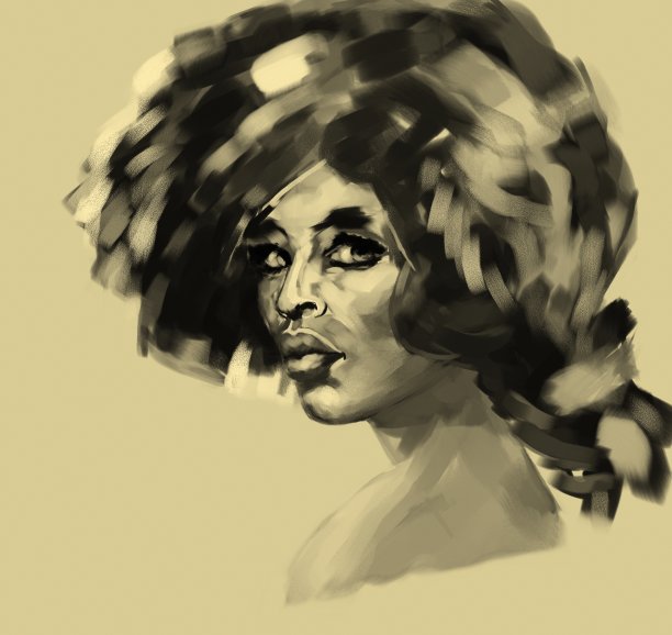 一个有着华丽发型的深色皮肤女人的单色肖像图片下载