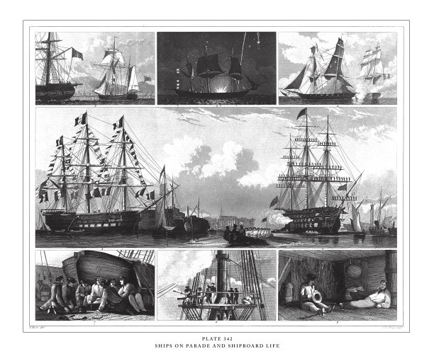 巡游船和船上生活雕刻古董插图，出版于1851年图片下载