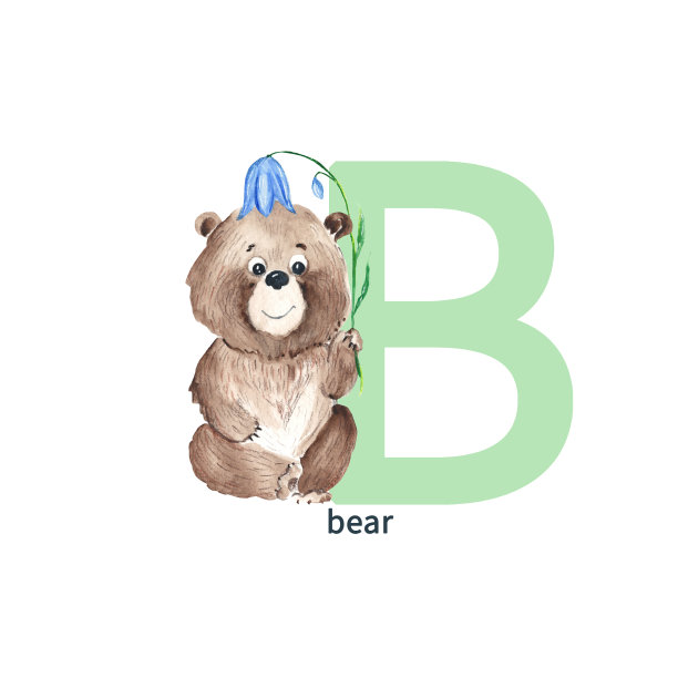 字母B，小熊宝宝用桔梗花，可爱的小朋友用五颜六色的动物和花朵ABC字母。水彩插图孤立在白色背景。图片下载
