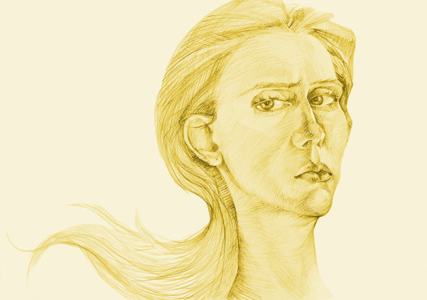 插图铅笔在白色背景上画了一头长发和表情焦虑的女人的棕褐色肖像图片下载