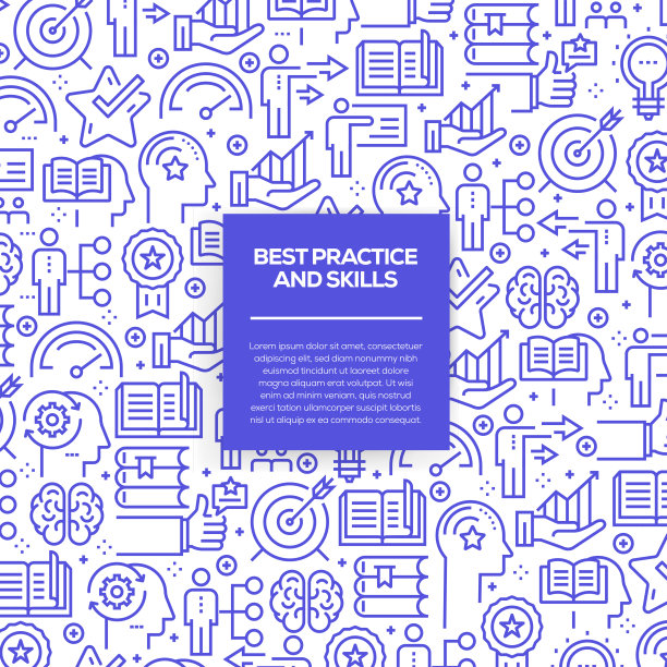 潮流线性风格的最佳实践和技能的设计模板和元素的向量集-与最佳实践和技能相关的线性图标的无缝模式-向量图片下载