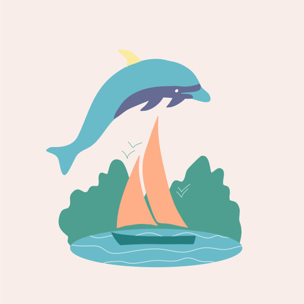 可爱的海豚船和小岛图片下载