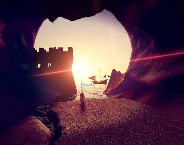 中世纪武士，身穿盔甲，手持长矛，望向地平线。洞穴。征服和发现。船船，在地平线上。海盗。堡垒图片下载