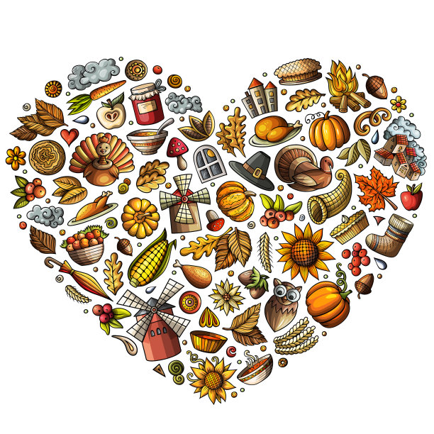 一套快乐的感恩节卡通涂鸦图片下载