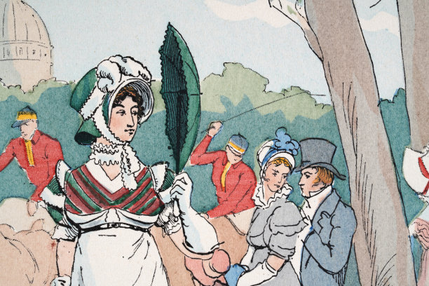 年轻女子用阳伞遮住脸，19世纪早期，时尚史图片下载