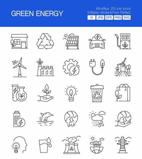 绿色能源细线矢量图标集。设计是可编辑的，颜色可以改变。矢量组的创意图标:电动汽车，回收，太阳能，风能，零排放图片下载