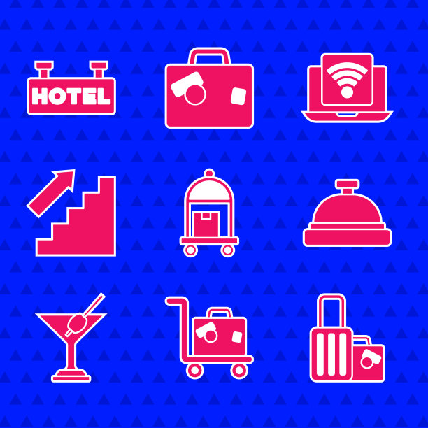 设手提箱，酒店服务钟，马提尼酒杯图片下载