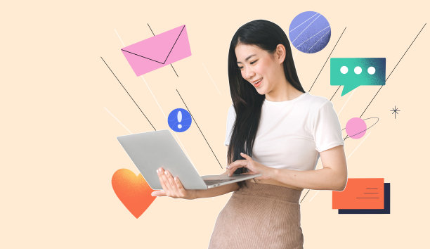 商务东南亚女子打字笔记本电脑键盘在线信息或电子邮件在拼贴当代艺术风格图片下载