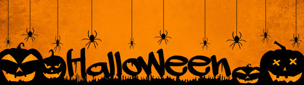 万圣节背景横幅宽全景全景模板-可怕的剪影雕刻夜光卡通南瓜和蜘蛛孤立在黑暗橙色的夜晚纹理图片下载