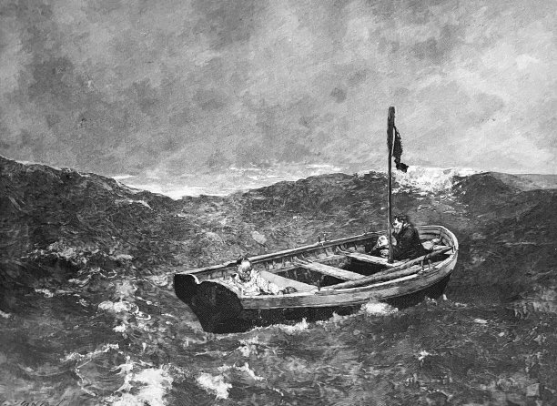 船上最后的三个船员乘着小船孤独地在波浪中漂流图片下载