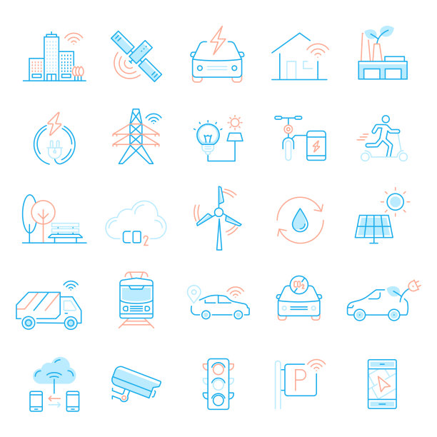 一组与智慧城市相关的直线图标。简单轮廓符号图标。图片下载