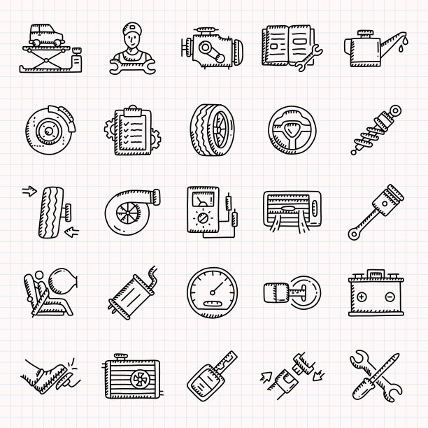 汽车服务手绘图标集，涂鸦风格矢量插图图片下载