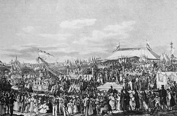 1835年慕尼黑啤酒节国王的帐篷和路过的花车图片下载