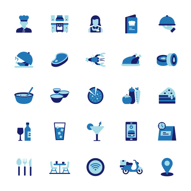 餐厅，食物和饮料相关的平面图标。向量符号说明。图片下载