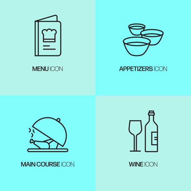 餐厅，食品和饮料相关的线图标。向量符号说明。图片下载