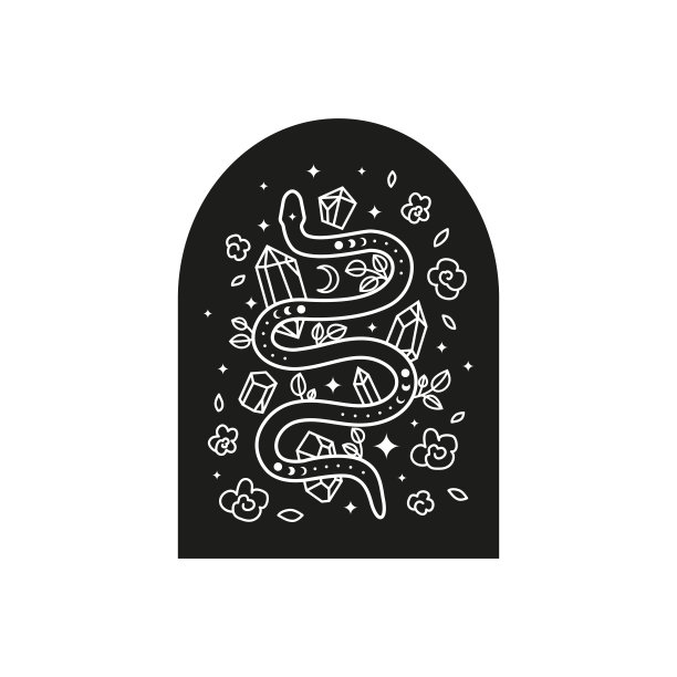 天蛇与月相，树叶，晶体，星星，新月在黑色框架图片下载