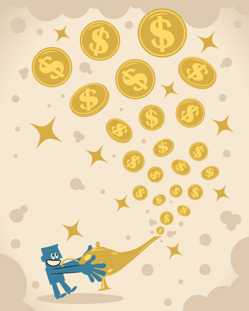 微笑的商人正在擦他的神灯，然后大量的美元符号美元出来图片下载