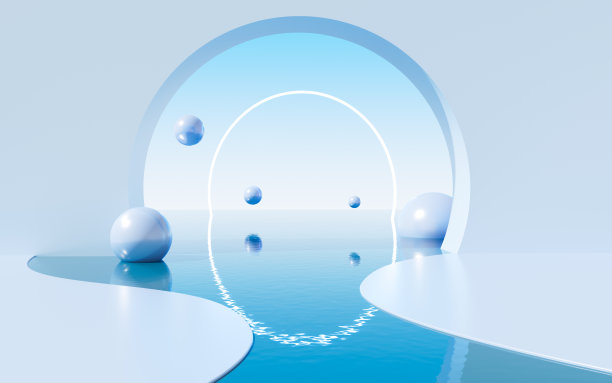 几何建筑和水面背景，3d渲染。图片下载