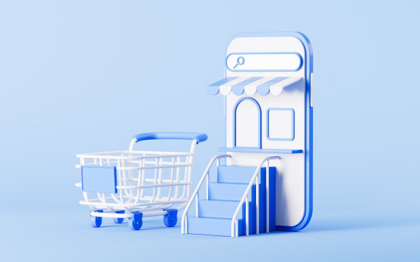蓝色背景上的空购物车和手机，网上购物概念，3d渲染。图片下载