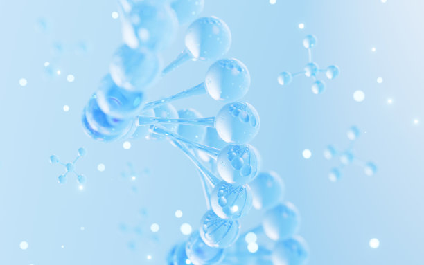 蓝色背景中的漂浮分子和DNA，生物和美容医学概念，3d渲染。图片下载