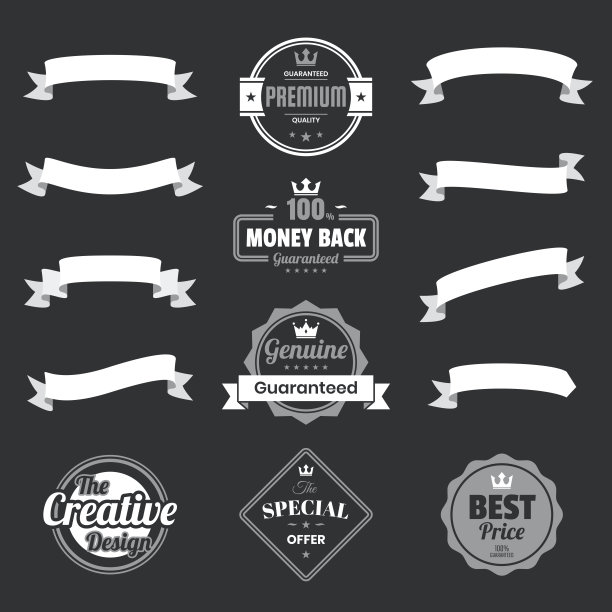 一套白色丝带，旗帜，徽章，标签-黑色背景上的设计元素图片下载