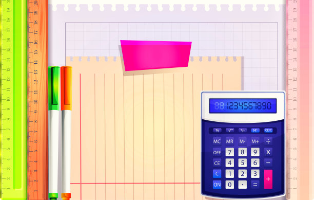 卡通风格的教育理念。创意文具背景从纸，毡尖笔，计算器和尺子孤立在白色背景。时尚的插图在线订单，网页，应用程序设计。图片下载