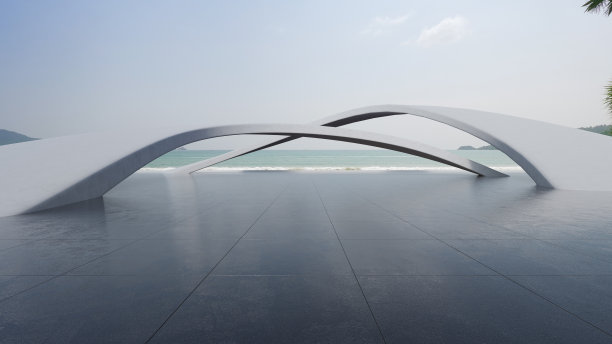 现代建筑抽象建筑设计。空停车场混凝土地板与海滩和蓝天海景。图片下载