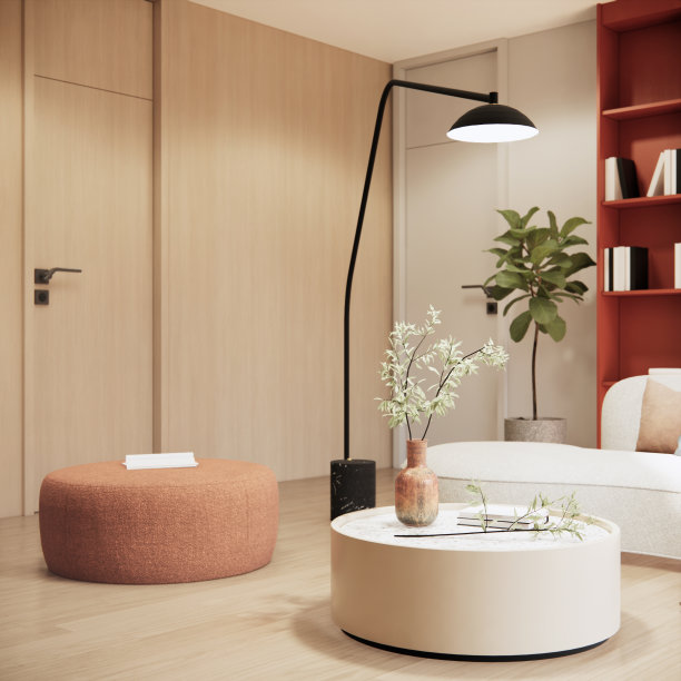 客厅三维渲染现代室内设计，白色沙发，橙色圆凳，室内盆栽，木墙和地板。图片下载