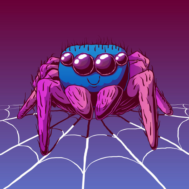 手绘卡通可爱的插图-微笑的蜘蛛在一个蜘蛛网。图片下载