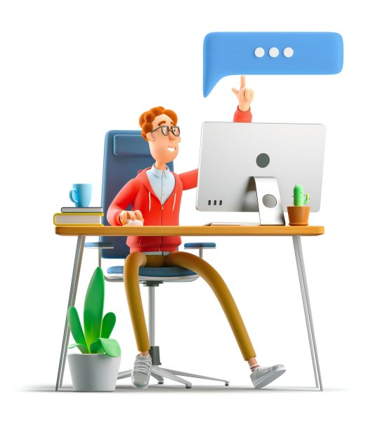 书呆子拉里拿着笔记本电脑坐在桌边。3 d演示。社交媒体概念。图片下载