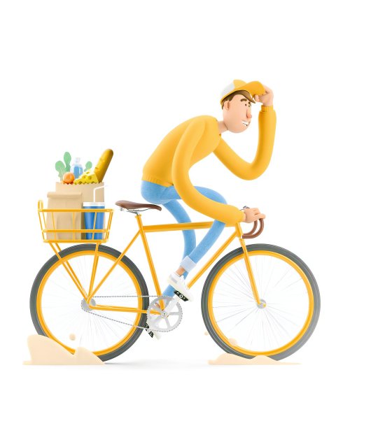 穿黄色制服的快递员正赶着骑自行车送订单。3 d演示。卡通人物。快递理念。图片下载