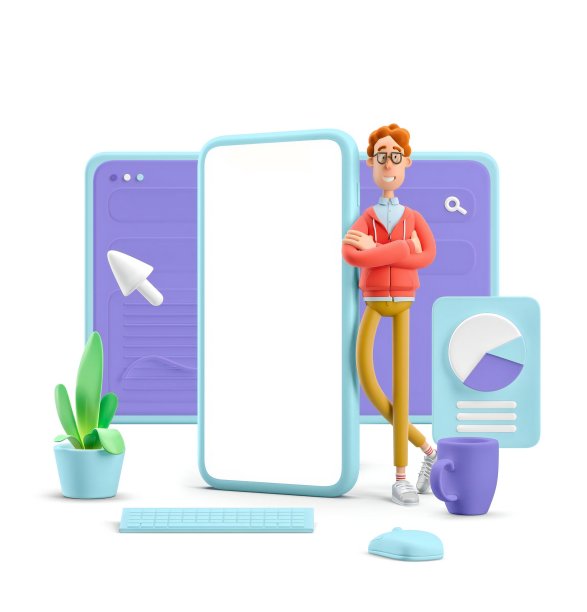 3 d演示。有界面的书呆子拉里。手机应用概念。图片下载