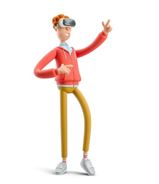 虚拟现实的概念。戴着虚拟现实眼镜的书呆子拉里。3 d演示。图片下载